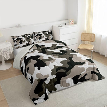 Camouflage Comforter Set Grey Camo Bedding Sets Queen Size Militarily Army Down Comforter For Boys Teens Men Adult Tie Dye Retro Geometric Warm Soft Quilted Duvet 3Pcs Bedroom Decor, All Season