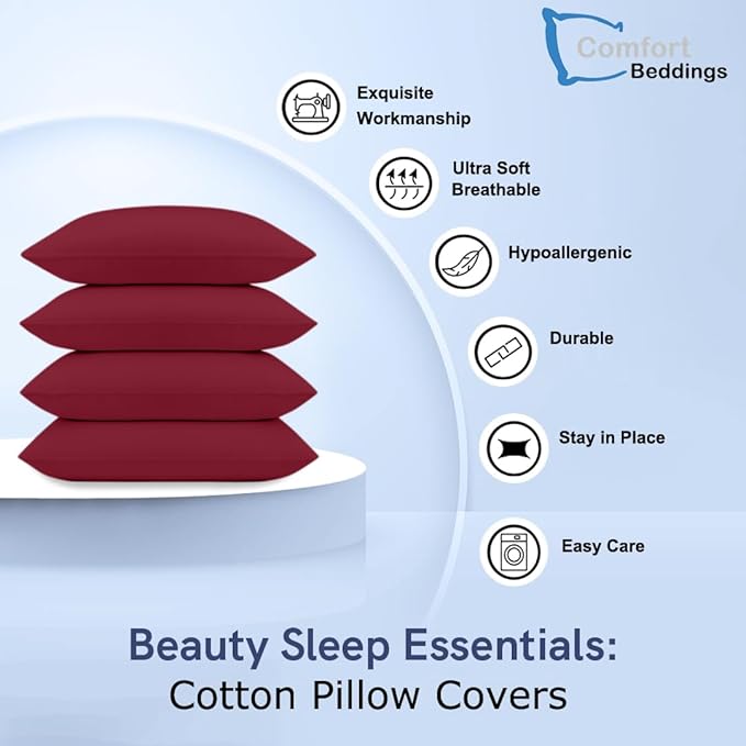 Comfort Beddings Standard Pillowcases Set of 4 – 100% Organic Cotton, 600 Thread Count Sateen, Soft & Comfy Pillow Covers with Envelope Closure, Burgundy, Standard Size 20 x 26 Inches