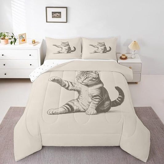 Erosebridal Cat Comforter Set Queen Size Sketch Animal Bedding Set for Kids Boys Girls Kawaii Kitten 3D Cute Beige Black Comforter Warm Soft Quilt Insert