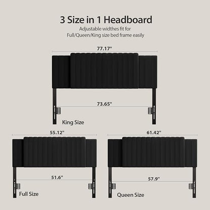 Upholstered Tufted Velvet Headboard, 3 in 1 Headboard for Full/Queen/King Size Bed, Height & Width Adjustable Head Board, Attach Frame, Study & Comfortable, Ideal for Bedroom, Dorm, Guest Room, Black