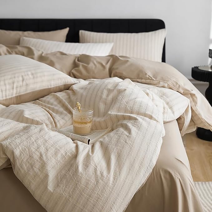 Nayoroom Beige Striped Duvet Cover Queen Size 100% Washed Cotton Duvet Cover Linen Like Textured, Reversible 3 Pieces Soft Breathable Yarn-Dyed Stripe Girls Dorm Bedding Set for All Seasons