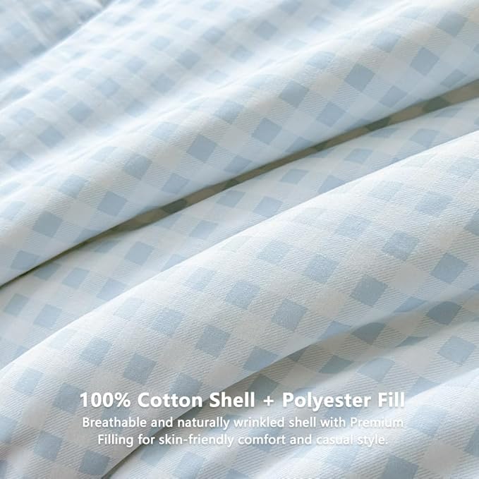 NSNLGSGC Light Blue Gingham Cotton Comforter Set Twin, 100% Washed Cotton Blue Plaid Checked Comforter Bedding, 2 Pieces Vintage Farmhouse Grid Bedding Set(Light Blue Gingham, Twin)