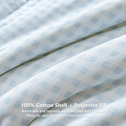 NSNLGSGC Light Blue Gingham Cotton Comforter Set King, 100% Washed Cotton Blue Plaid Checked Comforter Bedding, 3 Pieces Vintage Farmhouse Grid Bedding Set(Light Blue Gingham, King)
