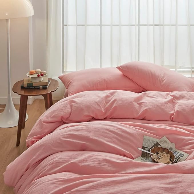 FACE TWO FACE Bedding Duvet Cover Set 3 Pieces 100% Washed Cotton Duvet Cover Linen Like Textured Breathable Durable Soft Comfy (California King, Light Pink)