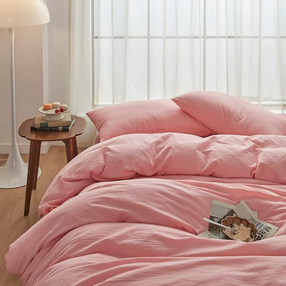 FACE TWO FACE Bedding Duvet Cover Set 3 Pieces 100% Washed Cotton Duvet Cover Linen Like Textured Breathable Durable Soft Comfy (California King, Light Pink)