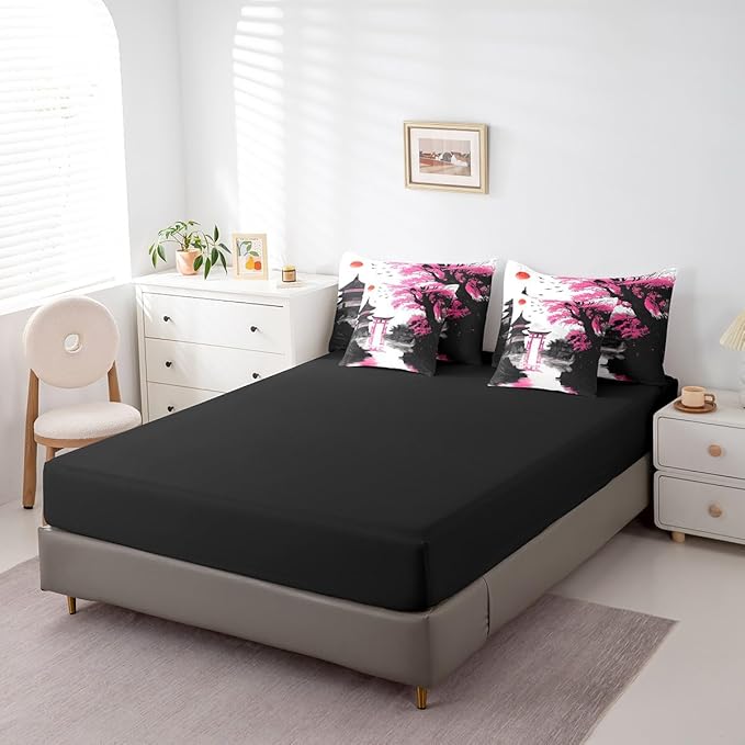 Erosebridal Japanese Queen Comforter Set 7 Piece Sun Cherry Blossom Bedding Set for Teen Girls Women Watercolor Pink Black Mountain Sakura Floral Bed in A Bag Asian Chinese Ink Anime Sheet Set