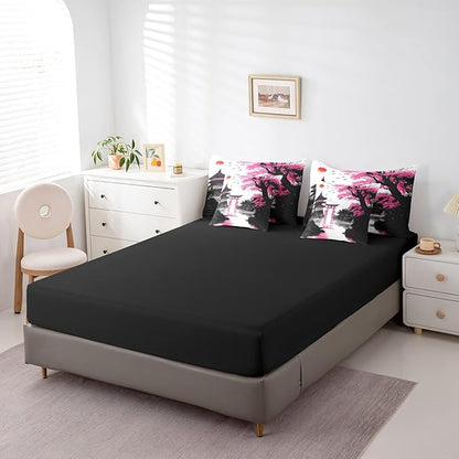 Erosebridal Japanese Full Comforter Set 7 Piece Sun Cherry Blossom Bedding Set for Teen Girls Women Watercolor Pink Black Mountain Sakura Floral Bed in A Bag Asian Chinese Ink Anime Sheet Set