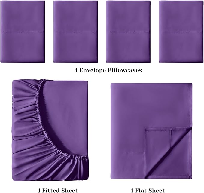 BYSURE 6 Pieces Bed Sheets Set(King, Eggplant Purple) - Hotel Luxury Super Soft 1800 Thread Count 100% Microfiber Sheets with Deep Pockets, Wrinkle & Fade Resistant