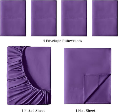 BYSURE 6 Pieces Bed Sheets Set(Queen, Eggplant Purple) - Hotel Luxury Super Soft 1800 Thread Count 100% Microfiber Sheets with Deep Pockets, Wrinkle & Fade Resistant