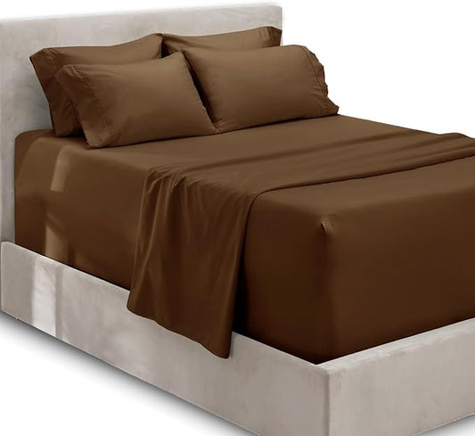 Hearth & Harbor Extra Deep Pocket Queen Sheets Sets - Fits Mattress 18-24 Inches Deep - Extra Deep Pocket Sheets - 6 Piece Queen Size - Brown