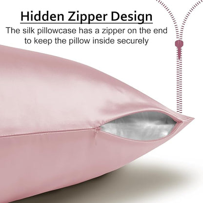 Ravmix Silk Pillow Cases 2 Pack with Zipper, 21momme Mulberry Silk Pillowcase for Hair Skin, Soft Smooth Breathable Cool Pillow Cover for Beauty Sleep with Gift Box(Queen 20"x30", Light Pink)