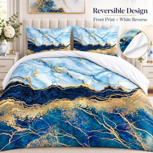 Royal Blue Marble Duvet Cover Set Queen Size Sequin Gold Bedding Comforter Covers with 2 Pillow Shams Breathable Durable Soft Comfy
