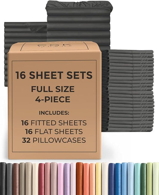 Bulk Case Pack of 16 Sheet Sets - (16) Complete Full Size Sheet Sets with Deep Pockets - Wholesale Bulk Bedding for Hotels, Spas & Airbnbs - Breathable, Cooling, Soft & Wrinkle Free - (Full, Charcoal)