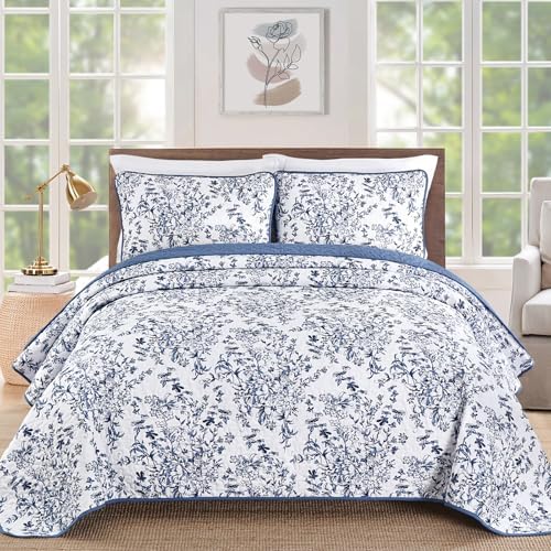 WONGS BEDDING Botanical Quilt King Size, 3 Pieces Bedspread Set,Blue