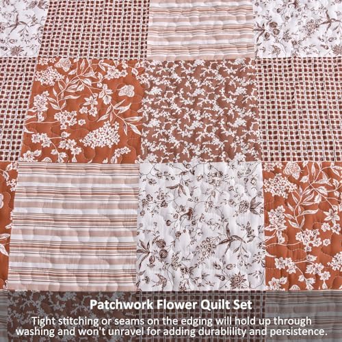 Mybedsoul Burnt Orange Boho Quilt King Size, Patchwork Floral Bedding Set