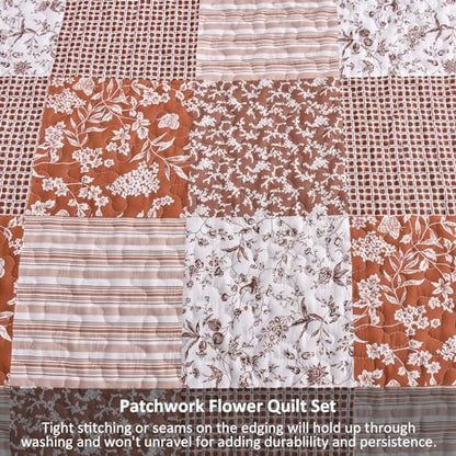 Mybedsoul Burnt Orange Boho Quilt King Size, Patchwork Floral Bedding Set