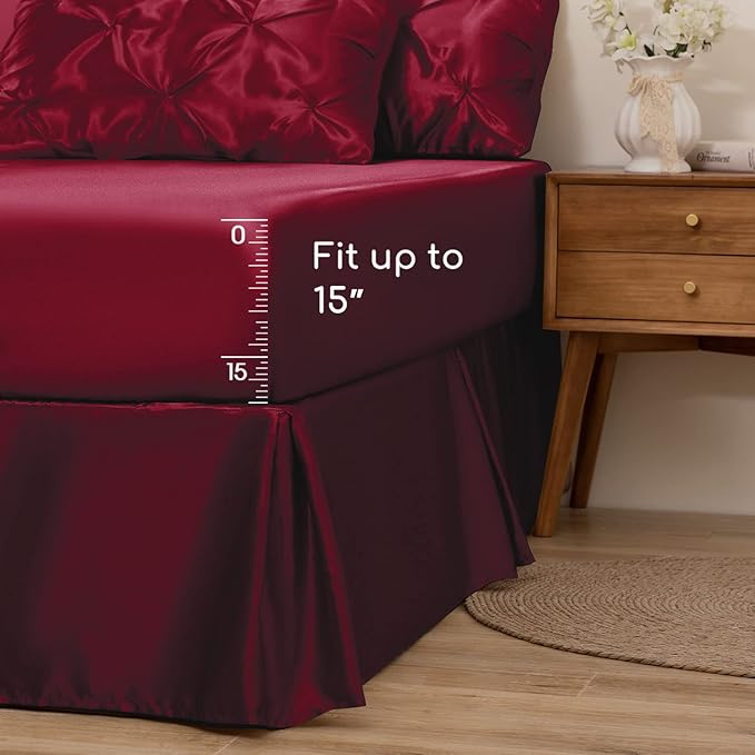 MR&HM Satin Comforter Twin XL 5 Pieces - Luxurious Pinch Pleat Bedding Set with Comforter, Flat Sheet, Fitted Sheet, Pillowcase & Sham, Super Silky Soft Bed Set for All Season (Twin XL, Burgundy)
