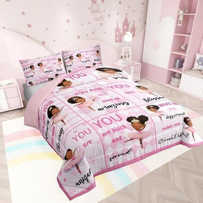 Castle Fairy Kawaii Girly Ballet Comforter Set Twin Size American Style Princess Bedding Set Bedroom Decor Motivational Quotes Quilt Set for Kids Girls Pink Artistic Dancer Duvet Insert,2 Pcs