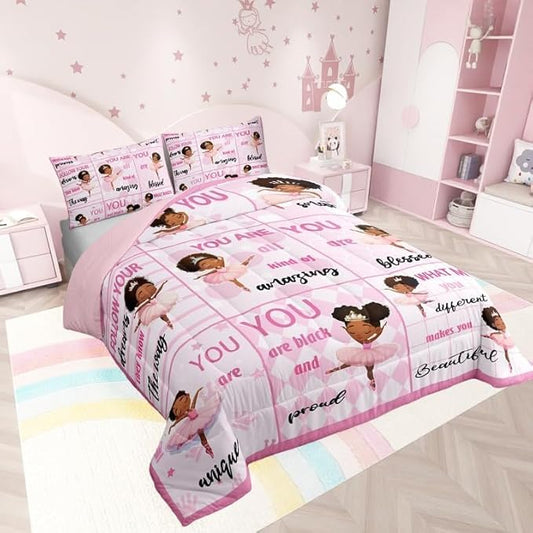 Castle Fairy Kawaii Girly Ballet Comforter Set Twin Size American Style Princess Bedding Set Bedroom Decor Motivational Quotes Quilt Set for Kids Girls Pink Artistic Dancer Duvet Insert,2 Pcs