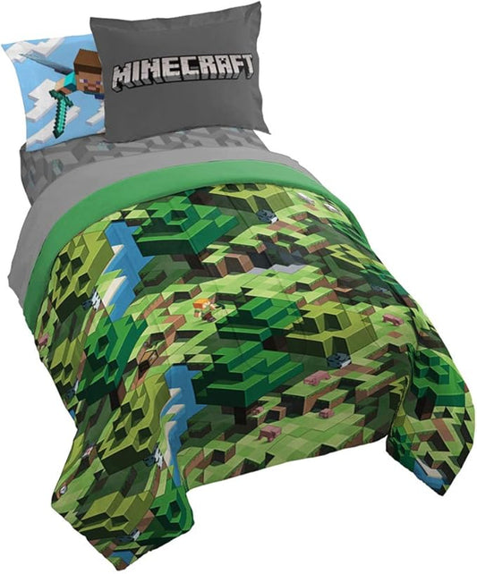 Jay Franco Minecraft Daytime 5 Piece Twin Bed Set - Includes Comforter & Sheet Set - Bedding Features Alex and Steve - Super Soft Fade Resistant Microfiber - (Official Minecraft Product)