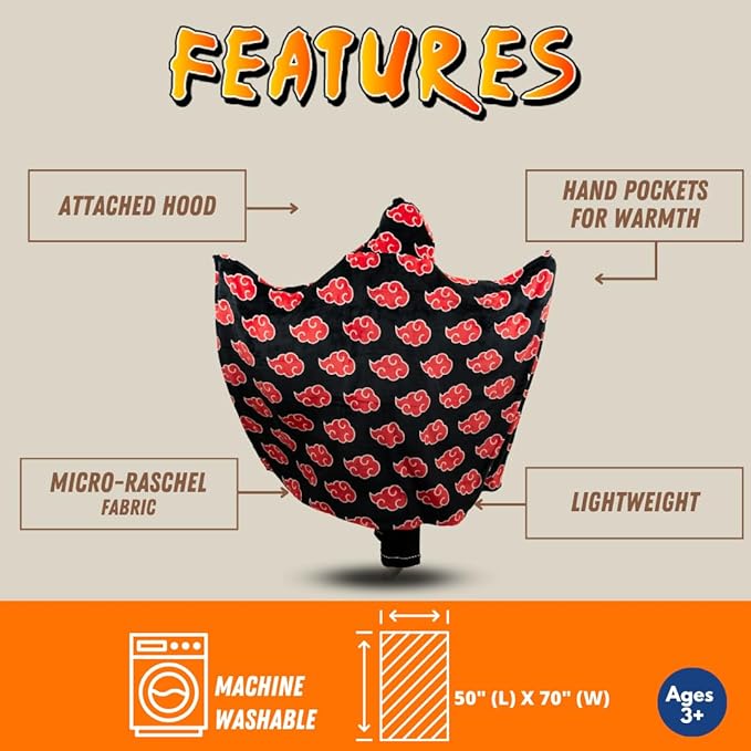 Naruto Anime Akatsuki Cloud Bedding Super Soft and Cozy Wearable Hooded Throw Blanket, 70 in x 50 in (Official Licensed Product) by Franco Collectibles