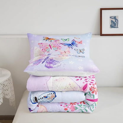 Purple Butterfly Comforter Set for Kids,Kids Girls Butterflies Bedding Sets Teens Cute Room Decor,Daisy Flowers Rustic Flying Animal Duvet Set Quilt Set Twin 1 Comforter with 1 Pillow Case