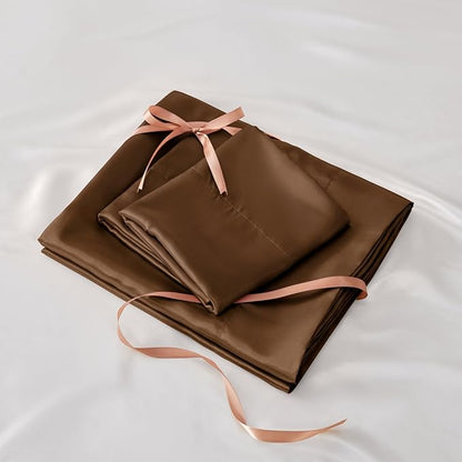 BEDELITE Satin Sheets Twin XL Size Bed Set, Luxury Soft Brown Silky Sheets for Hair and Skin, Similar to Silk Bed Sheets Set 3 Pieces with 1 Deep Pocket Fitted Sheet, 1 Flat Sheet, and 1 Pillowcase