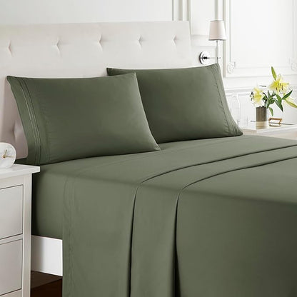 Clara Clark Bed Sheets, Premier 1800 Series Bed Sheet Set, Deep Pocket, Wrinkle, Fade, Stain Resistant, Luxury Soft Bedding Sheets & Pillowcases, Full, Olive Green