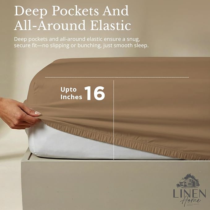 Linen Home 100% Cotton Percale Sheets Full Size, Earthy Brown, Deep Pocket, 4 Pieces Set - 1 Flat, 1 Deep Pocket Fitted Sheet and 2 Pillowcases, Crisp Cool and Strong Bed Linen