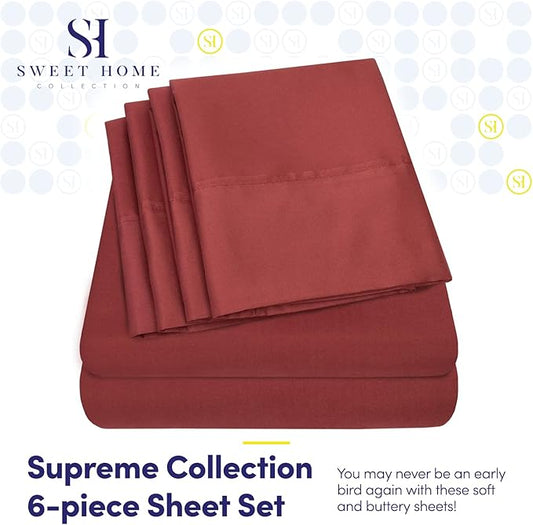 Queen Sheets Burgundy - 6 Piece 1500 Supreme Collection Fine Brushed Microfiber Deep Pocket Queen Sheet Set Bedding - 2 Extra Pillow Cases, Great Value, Queen, Burgundy