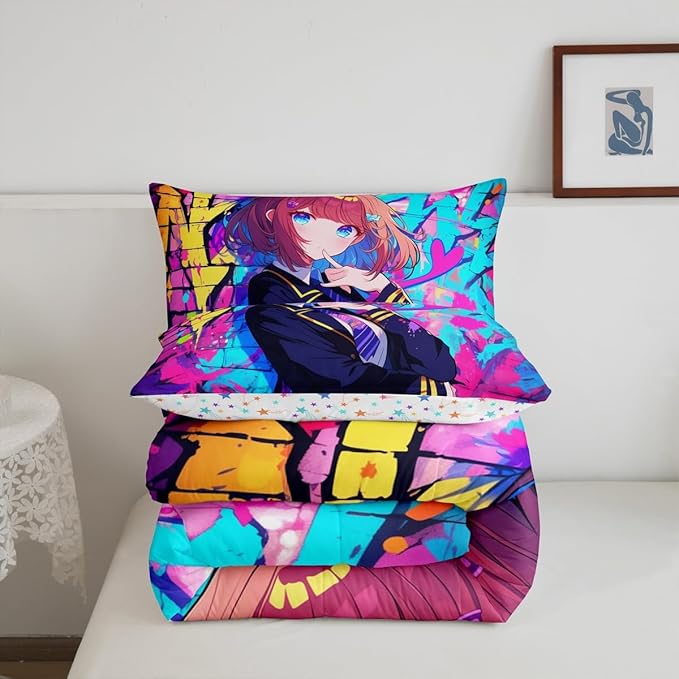 Erosebridal Girls Japanese Anime Comforter Set Toddler, Kawaii Anime Girl Bedding Set Cartoon Girl Duvet Insert for Kids Teens Adult, Japanese Animation Sci Fi Style Quilt with 1 Pillow Case