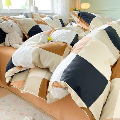 Houser Beige Cream White Black Brown Mosaic Plaid Comforter Sets Queen Modern Multicolor Beige and Brown Grid Bed Quilts Warm Comfy Soft Men Women Boys Girls Distorted Checker Breathable Bedding Queen
