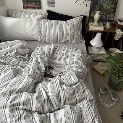mixinni Washed Cotton Duvet Cover Twin Set - 3 Piece Gray & White Striped Bedding with Pillowcases | Vintage Industrial Style | 100% Cotton Soft Breathable-Twin Size