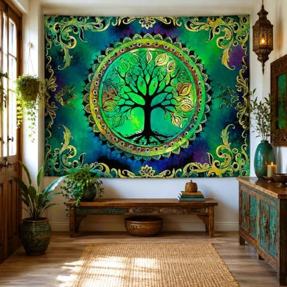 Delur Tree of Life Tapestry Green Nature Bohemian Mandala Spiritual Tapestry Wall Hanging Mystical Landscape Hippie Psychedelic Headboard for Bedroom Living Room Home Decor (51.2" x 59.1")