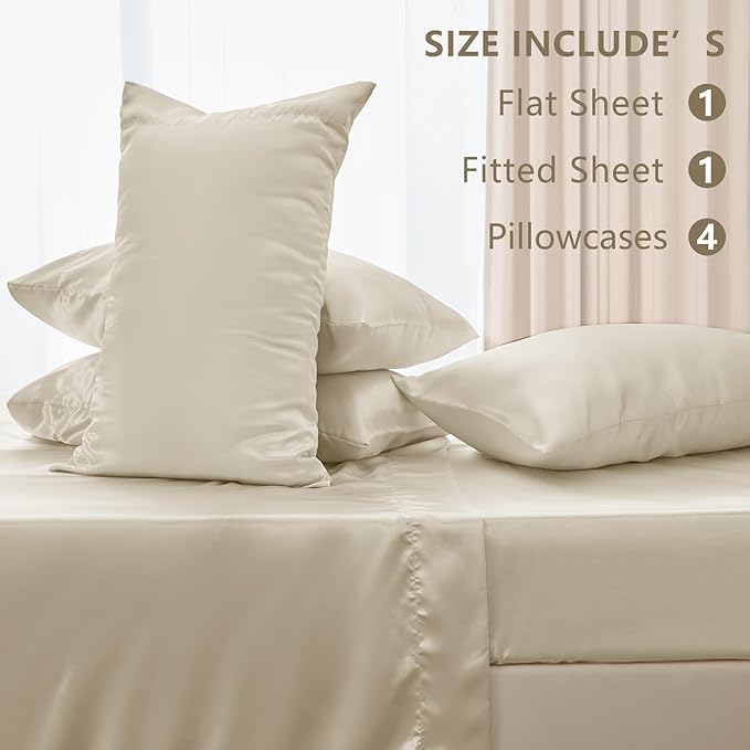 CozyLux Satin Sheets Full Size Sheets - 6 Piece Silky Full Size Bed Sheets, Luxury Beige Full Bed Set with Smooth and Soft Microfiber, Includes 1 Fitted Sheet, 1 Flat Sheet and 4 Pillowcases