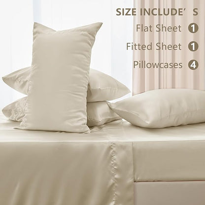 CozyLux Satin Sheets Queen Size Bed Set - 6 Piece Silky Queen Sheet Set, Luxury Beige Queen Sheets with Smooth and Soft Microfiber, Includes 1 Fitted Sheet, 1 Flat Sheet and 4 Pillowcases