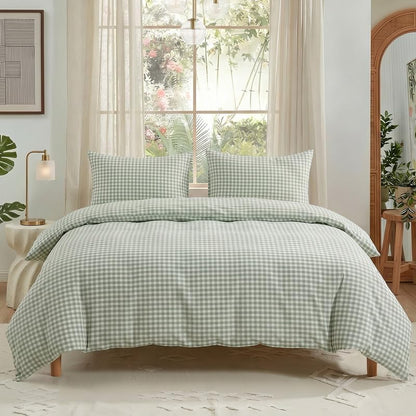 NEXHOME PRO Green Gingham Duvet Cover Queen, 100% Washed Cotton Like Linen Feel Organic Natural Bedding Set 3 Piece Sage Vintage Plaid Checkered Comforter Cover Set (No Comforter) 9090