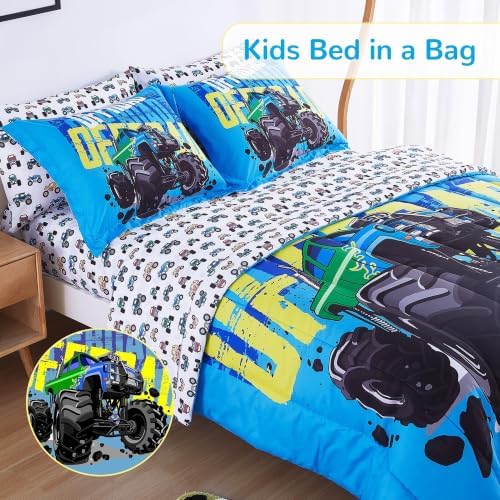 Viviland Monster Off - Road Truck 7 PCS Kids Bedding Set Full Size Comforter Sets, Bed in a Bag Cool Off - Road Adventure Theme Cover Set for Children