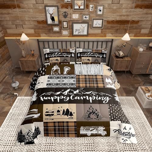 Castle Fairy Camper Patchwork Full Size Comforter Set,Happy Camping Cabin Hunting Adventure Bedding Comforters Bedroom Collection,Travel Trailers Decor Boho Aztec Exotic Bedding Set for Girls Teens