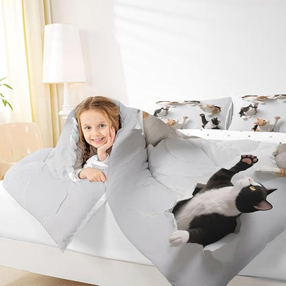 Erosebridal Kawaii Cats Bedding Set Toddler Size 3D Kitten Comforter Set for Kids Boys Girls Paw Cute Pet Animal White Yellow Black Comforter Warm Soft Quilt Insert