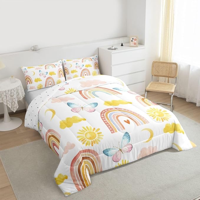 Rainbow Comforter Set King Size, Girls Butterfly Bedding Sets, Cartoon Rainbow Quilt Sets, Colorful Sun Clouds Comforters, Iridescent Print Down Comforter, Geometric Stripes Soft Lightweight Bedding