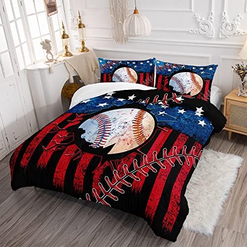 HOSIMA American Flag Baseball Comforter Set Queen with 2 Pillowcases.