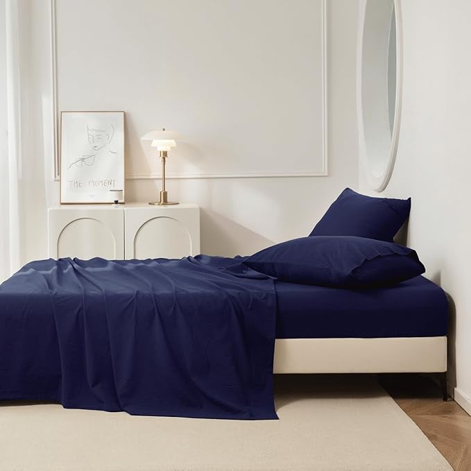 JIYUAN California King Size Sheet Set, 4-Piece - 100% Washed Cotton, Linen-Like Soft & Breathable, Includes Deep Pocket Fitted & Flat Sheet with 2 Pillowcases, Hotel Quality, Solid Navy Blue