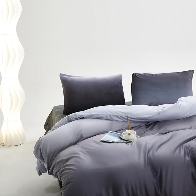 CLOTHKNOW Grey Silver Full Size Comforter Set Velvet Bedding Comforter Sets Soft Gray Comforter with 2 x Pillow Cases