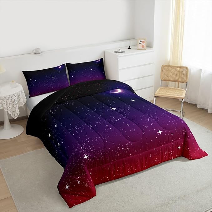 Purple Galaxy Comforter Full Size Moon Star Comforter Set Night Starry Sky Bedding Sets Reversible Space Nebula Cosmos Aesthetic Down Comforter for Kids Adults With 1 Comforter and 2 Pillow Cases