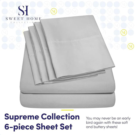 Queen Sheets Silver - 6 Piece 1500 Supreme Collection Fine Brushed Microfiber Deep Pocket Queen Sheet Set Bedding - 2 Extra Pillow Cases, Great Value, Queen, Silver