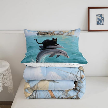 Erosebridal Black Kitten Bedding Set Twin Size Dolphin Comforter Set for Kids Girls Boys Marine Waves Kawaii Cat Sea Ship Blue White Comforter Warm Soft Quilt Insert