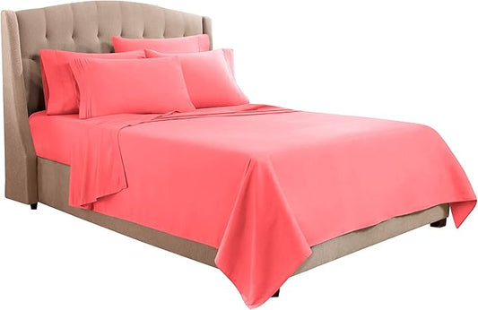 Clara Clark Flex Top King Sheets, 6 Piece Set - Hotel Luxury Sheets for Top Split King Bed, Super Soft Bedding Set, Head Split King Coral Pink