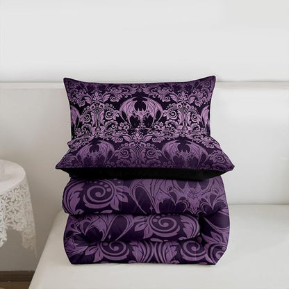 Feelyou Gothic Damask Print Comforter Set Queen Size Purple Goth Bat Victorian Floral Bedding Set for KidsBoho Bohemian Exotic Duvet Quilt Bedroom Decor Microfiber 3 Pcs with 2 Pillow Cases