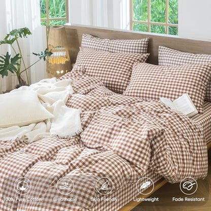 MooMee Gingham Duvet Cover Set 100% Washed Cotton Linen Like
